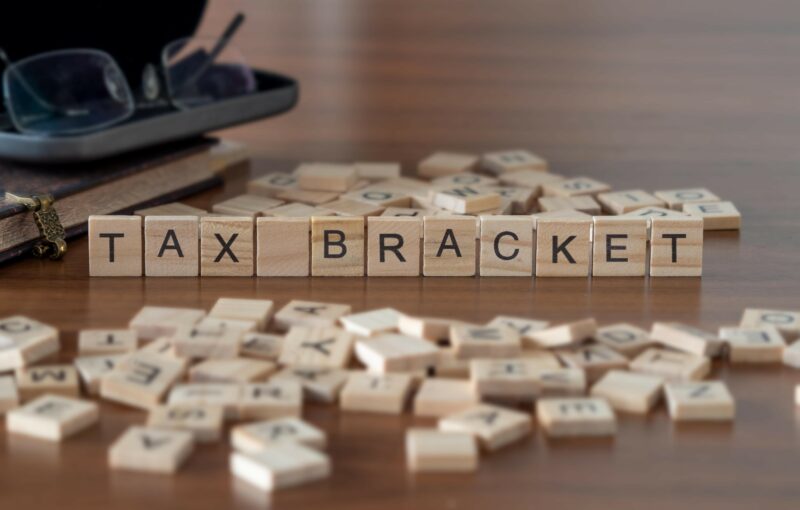 tax bracket word or concept represented by wooden letter tiles on a wooden table with glasses and a book
