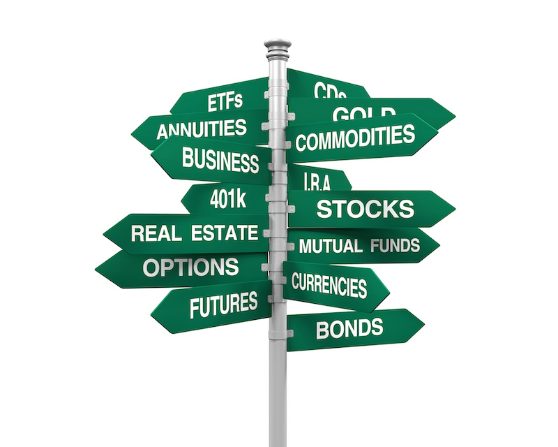 investment road signs stocks, etfs, mutual funds