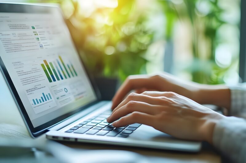 Hands typing on a laptop displaying financial charts and graphs, illustrating how technology helps manage finances, budgeting, and investments in 2025.