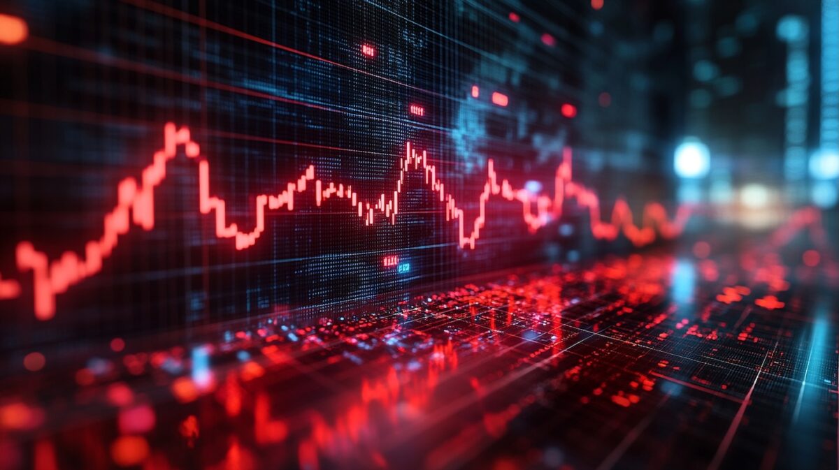 Red stock market chart displaying volatility and data fluctuations representing market uncertainty and the importance of fiduciary financial guidance during economic instability.