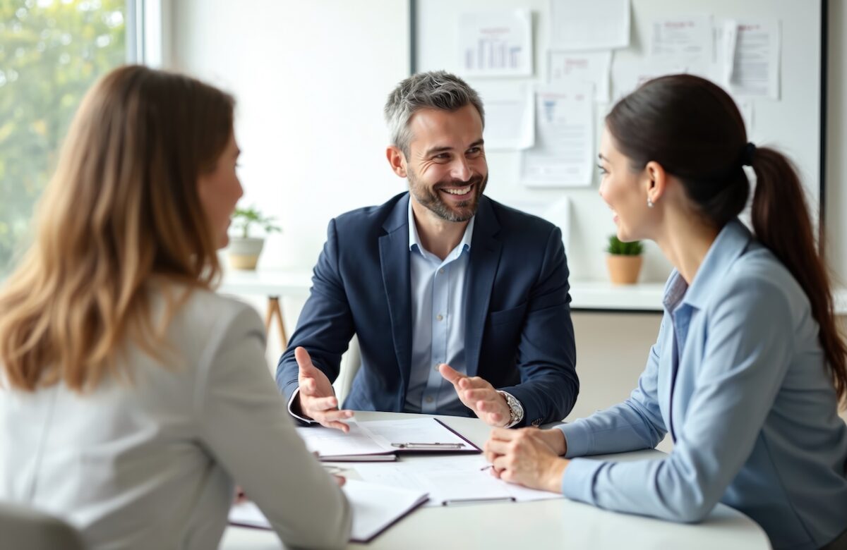 Smiling financial advisor in a suit meeting with two business owners in an office, discussing fiduciary financial planning and long-term business strategy.