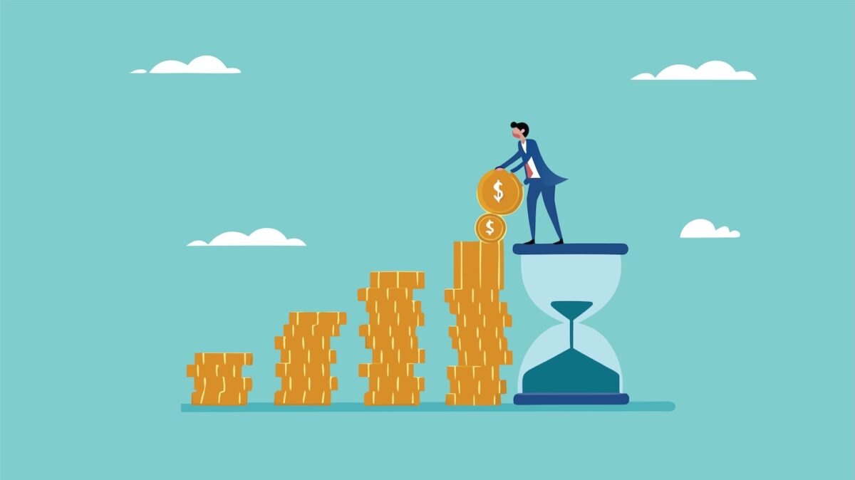Illustration of a person stacking gold coins beside an hourglass, symbolizing the power of compounding, long-term investing, and steady wealth growth through time and disciplined financial planning.