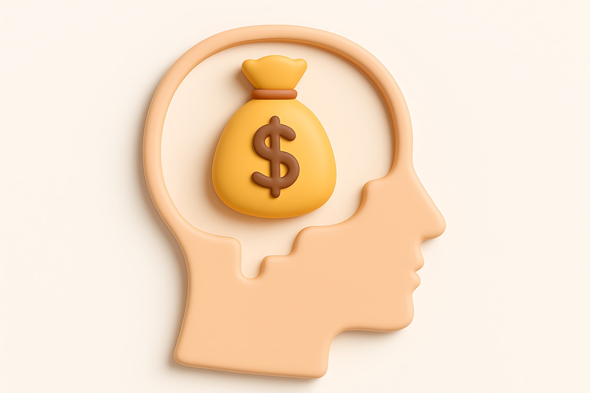 3D illustration of a human head outline with a money bag symbol inside, representing the concept of a wealth mindset, smart financial habits, and strategic decision-making for individuals with significant investable assets.