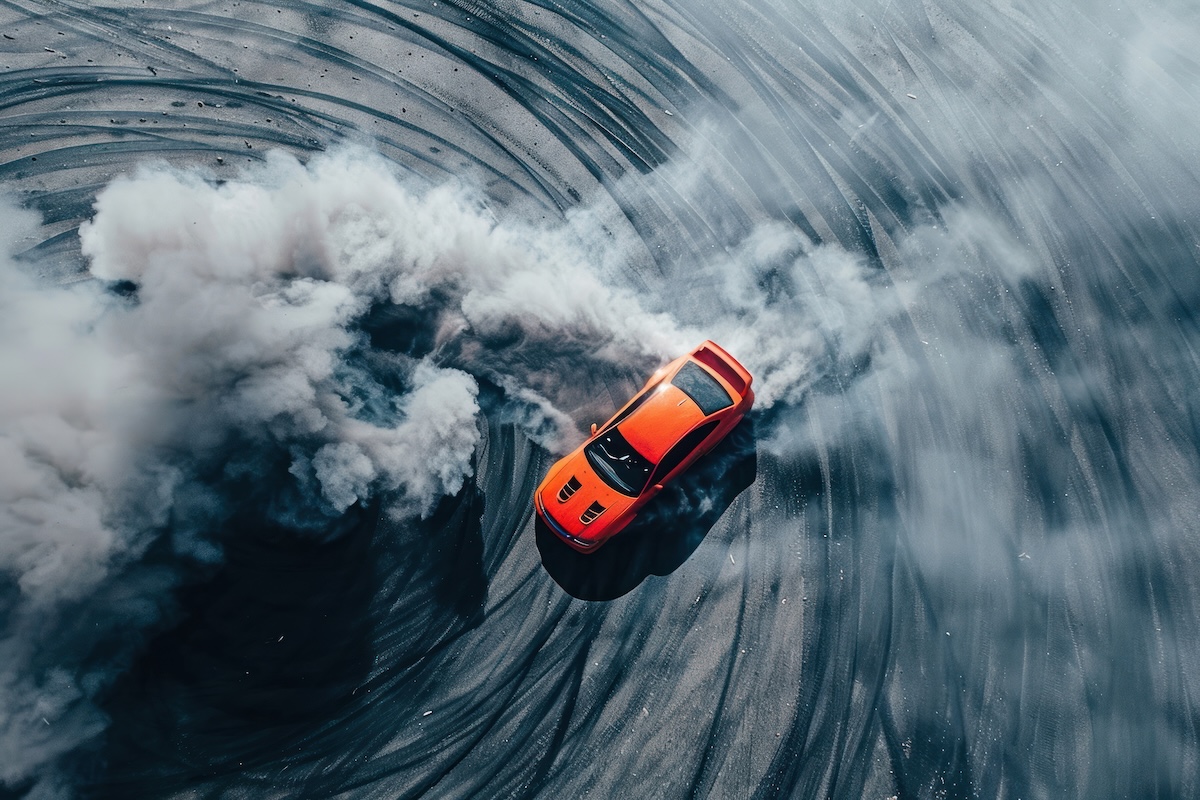 Aerial view of a car drifting in a circular skid with tire smoke, symbolizing portfolio drift, shifting asset allocation, and increasing investment risk beyond intended tolerance for retirees and pre-retirees in Buffalo Grove and the Chicago area.