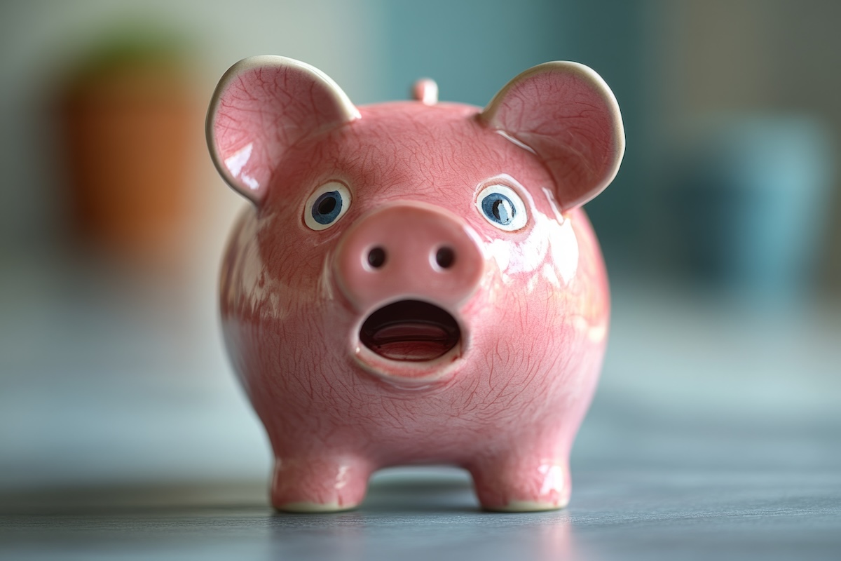 Close-up of a pink piggy bank with a surprised expression, symbolizing savings, inflation uncertainty, and the impact of rising costs on retirement planning for investors in the Chicago metropolitan area.