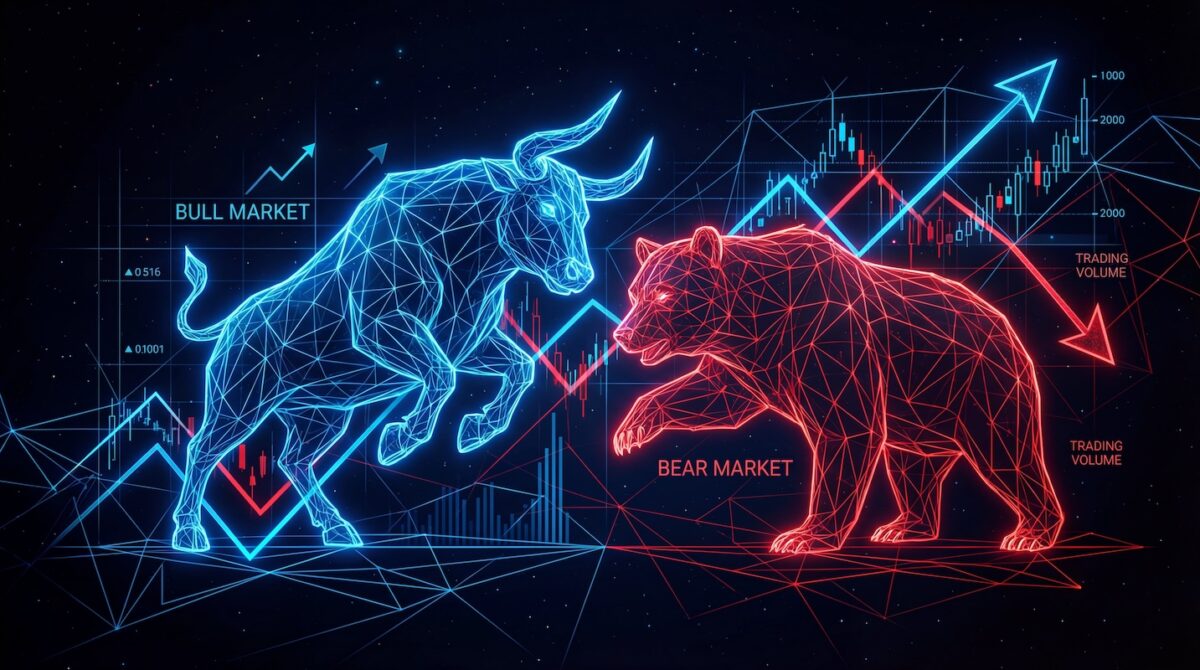 Illustration of a bull and bear market with stock market charts, representing how a flexible retirement income strategy can adapt to changing market conditions and investment volatility.