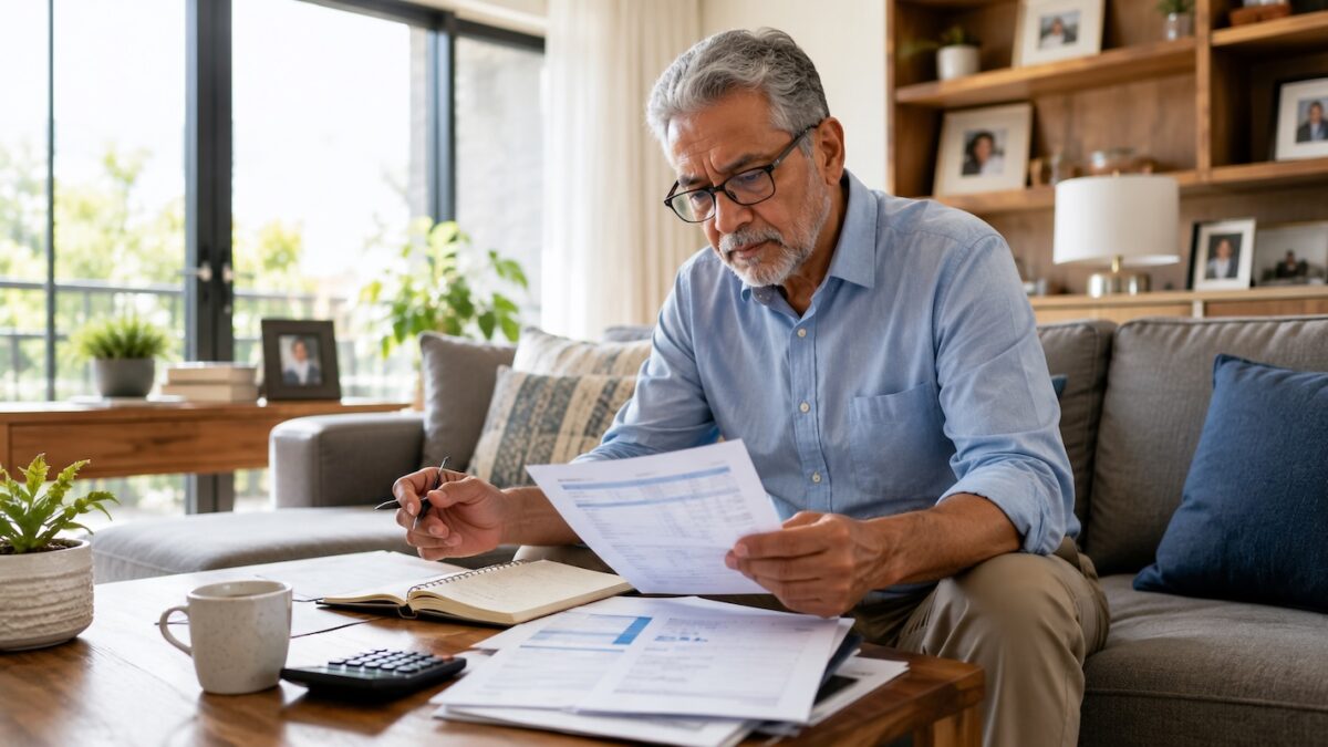 Retiree reviewing financial documents at home, representing when to review and update a retirement plan after major life or financial changes.